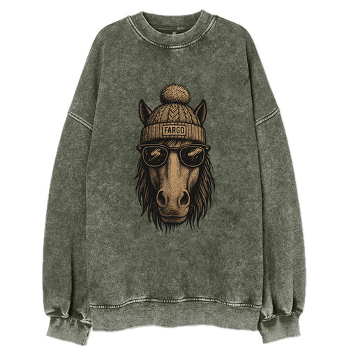 North Dakota Nokota Horse wearing Fargo beanie with pom pom and wayfarer - Vintage Sweatshirt
