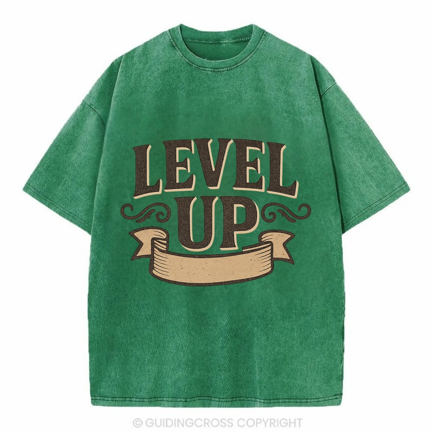 Bold typography design - "LEVEL UP" - improving, advancing, growing - Vintage T-shirt - Forest Mist(Green)