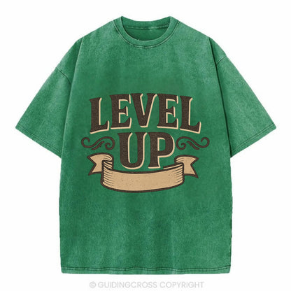 Bold typography design - "LEVEL UP" - improving, advancing, growing - Vintage T-shirt - Forest Mist(Green)
