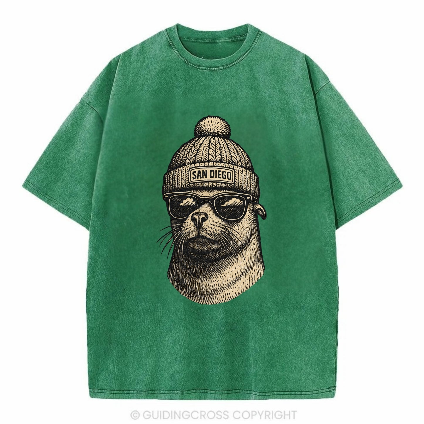 San Diego Sea Lion wearing San Diego beanie with pom pom and wayfarer sunglasses - Vintage T-shirt - Forest Mist(Green)