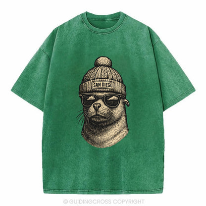 San Diego Sea Lion wearing San Diego beanie with pom pom and wayfarer sunglasses - Vintage T-shirt - Forest Mist(Green)
