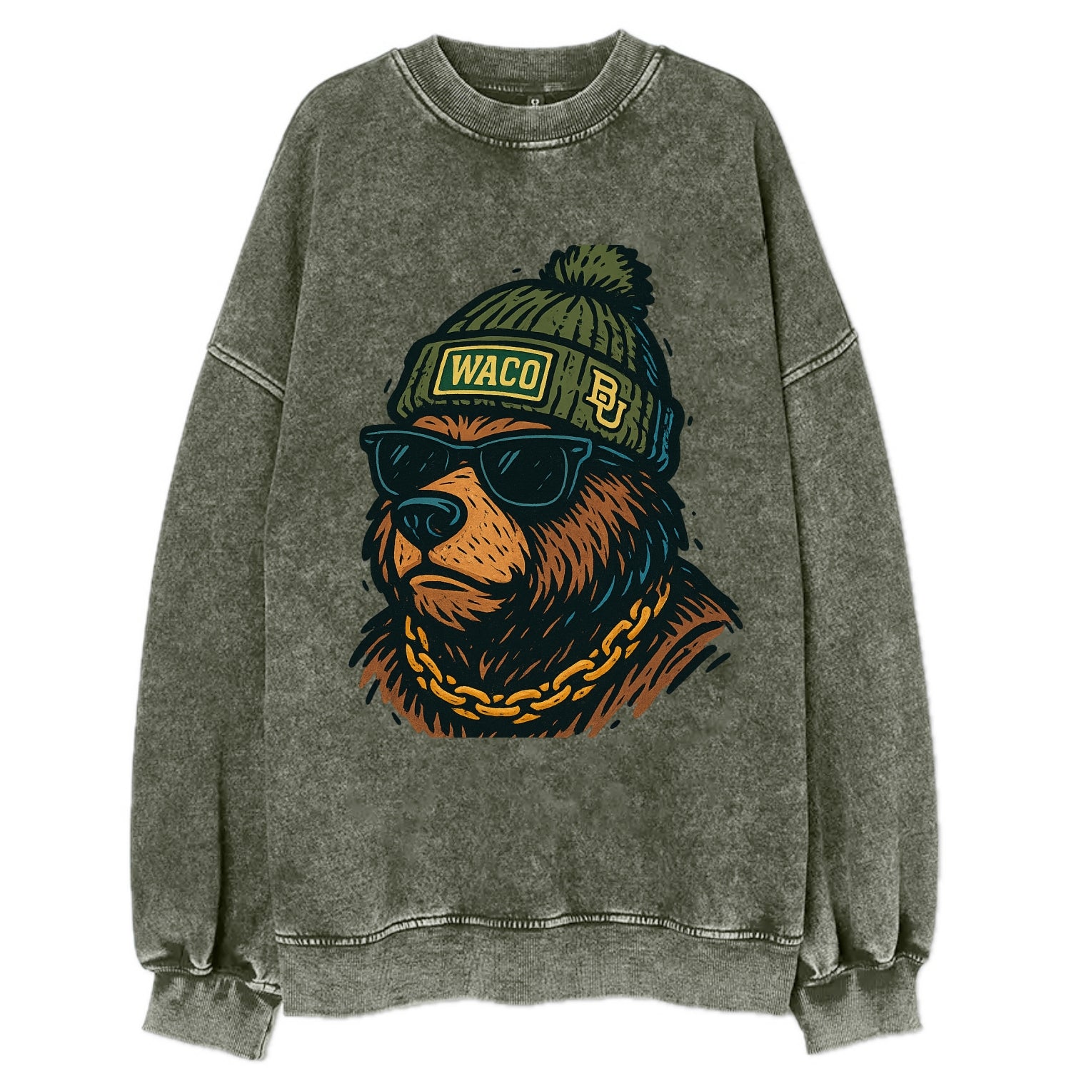 Waco Bear wearing Baylor beanie with BU patch - Vintage Sweatshirt - Forest Mist(Green)