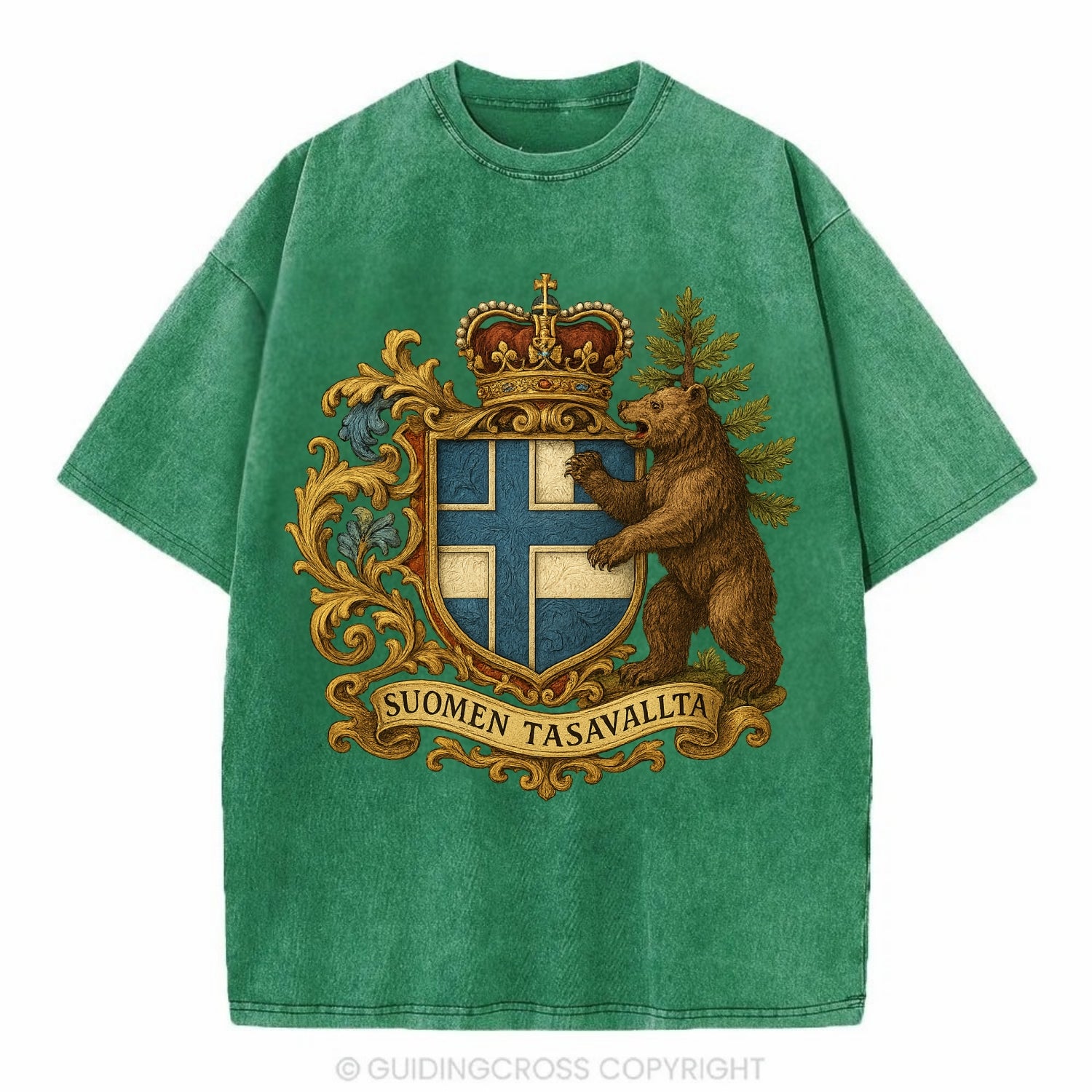 Finland Brown Bear Emblem  - Vintage T-shirt - Forest Mist(Green)