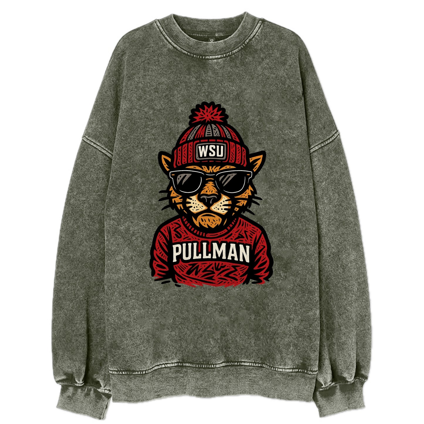 Pullman Cougar wearing Washington State beanie with WSU patch - Vintage Sweatshirt - Forest Mist(Green)