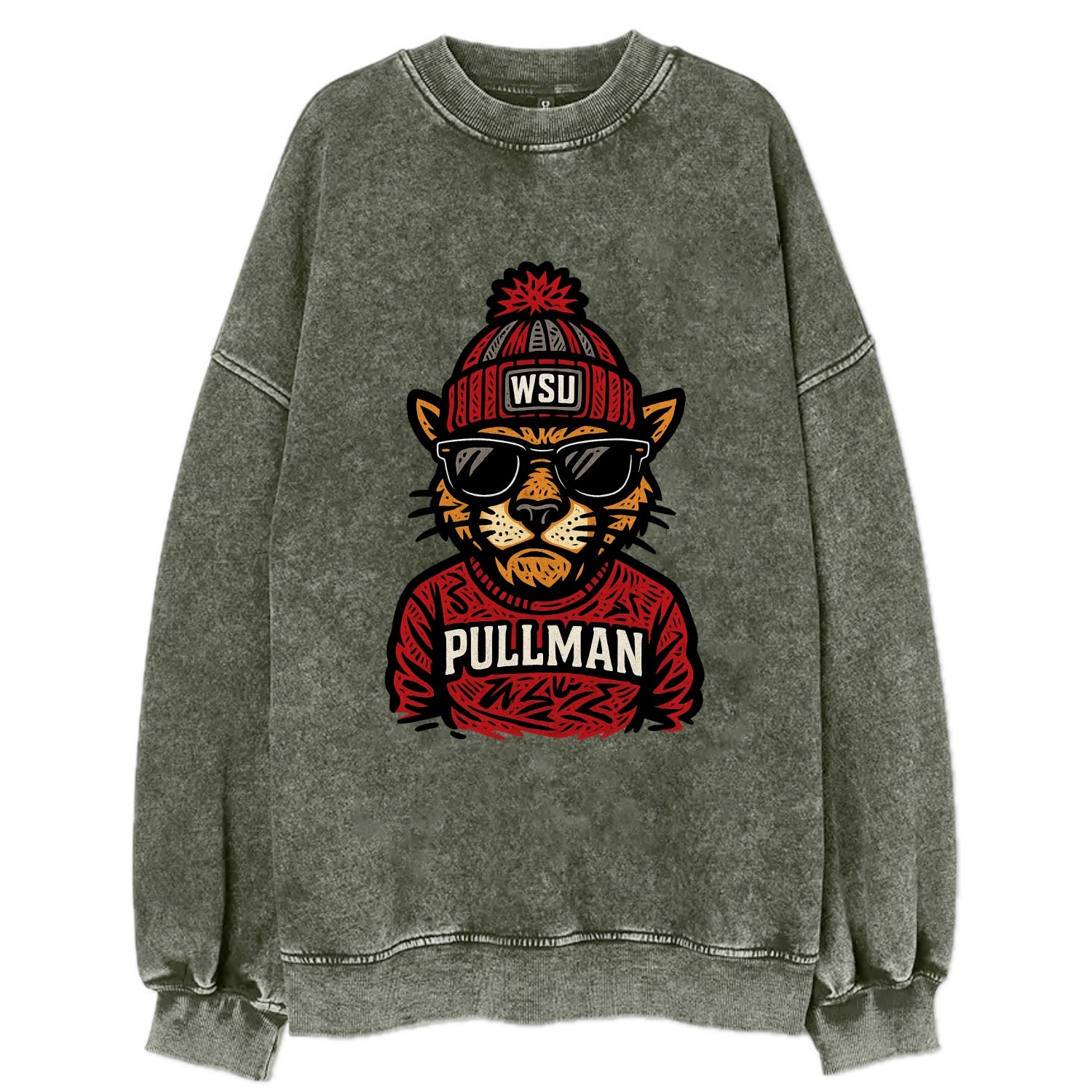 Pullman Cougar wearing Washington State beanie with WSU patch - Vintage Sweatshirt - Forest Mist(Green)