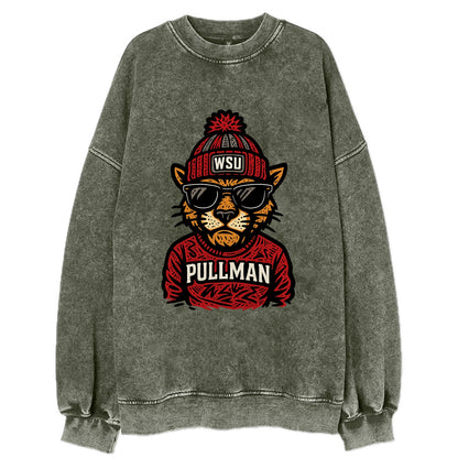 Pullman Cougar wearing Washington State beanie with WSU patch - Vintage Sweatshirt - Forest Mist(Green)