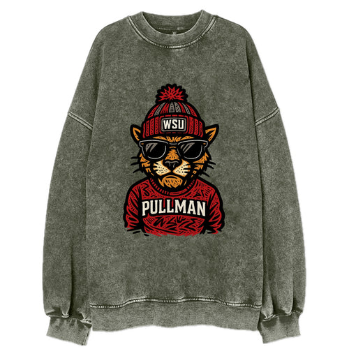 Pullman Cougar wearing Washington State beanie with WSU patch - Vintage Sweatshirt