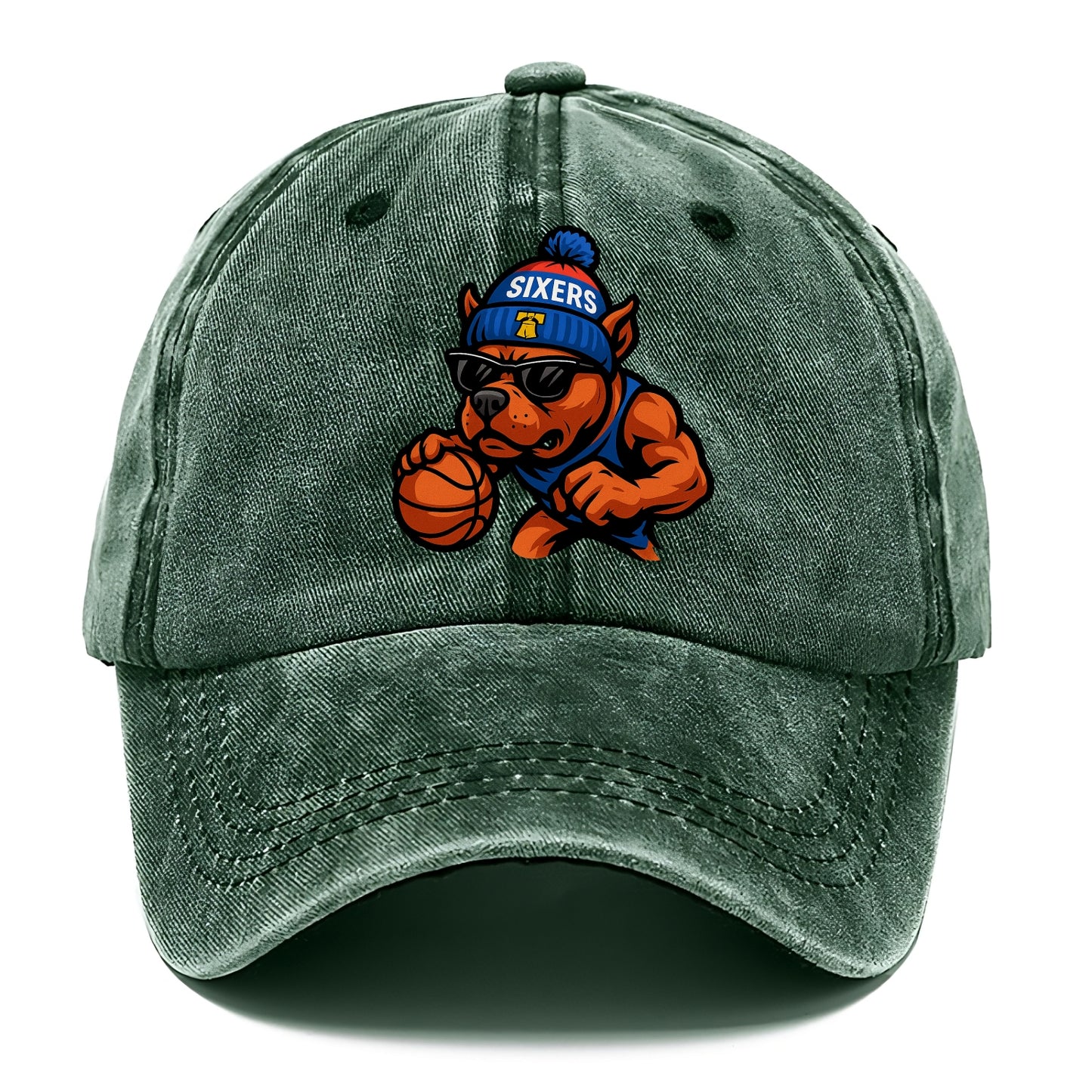 Philly Pitbull wearing Sixers beanie with Liberty Bell and wayfarer sunglasses - Classic Cap - Forest Mist(Green)