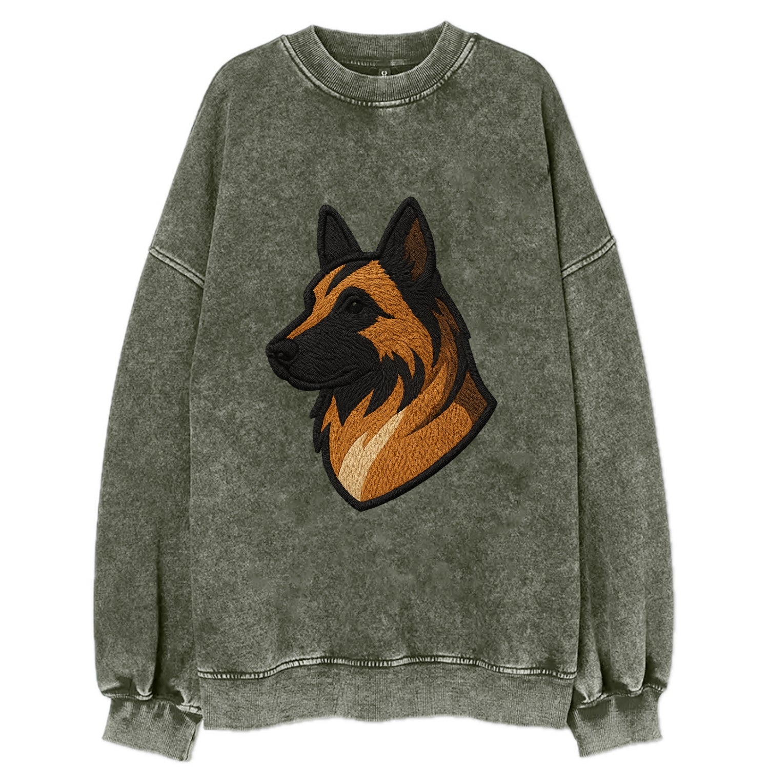 Belgian Tervuren - Fawn with black overlay embroidered design - Vintage Sweatshirt - Forest Mist(Green)