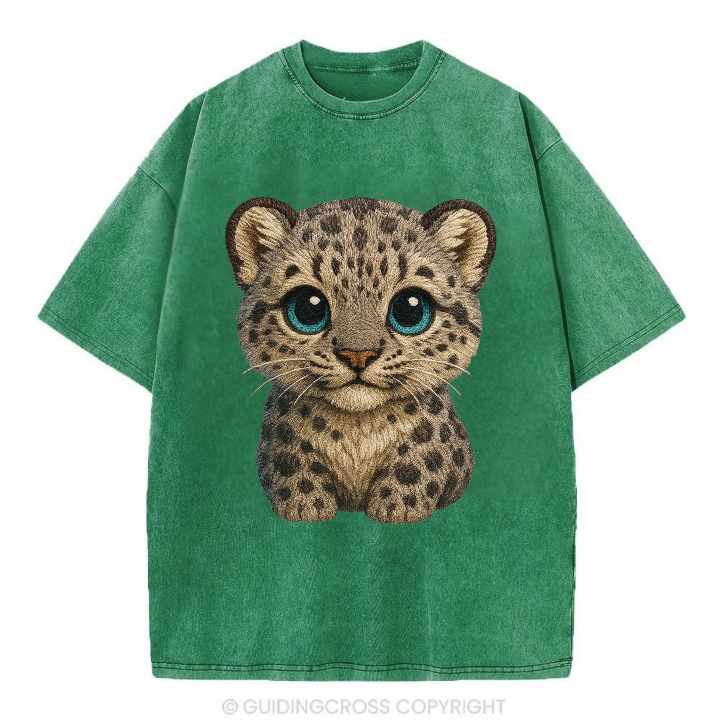 Baby Snow Leopard Cub - gray spotted, thick fur, blue-green eyes, front-facing, - Vintage T-shirt - Forest Mist(Green)