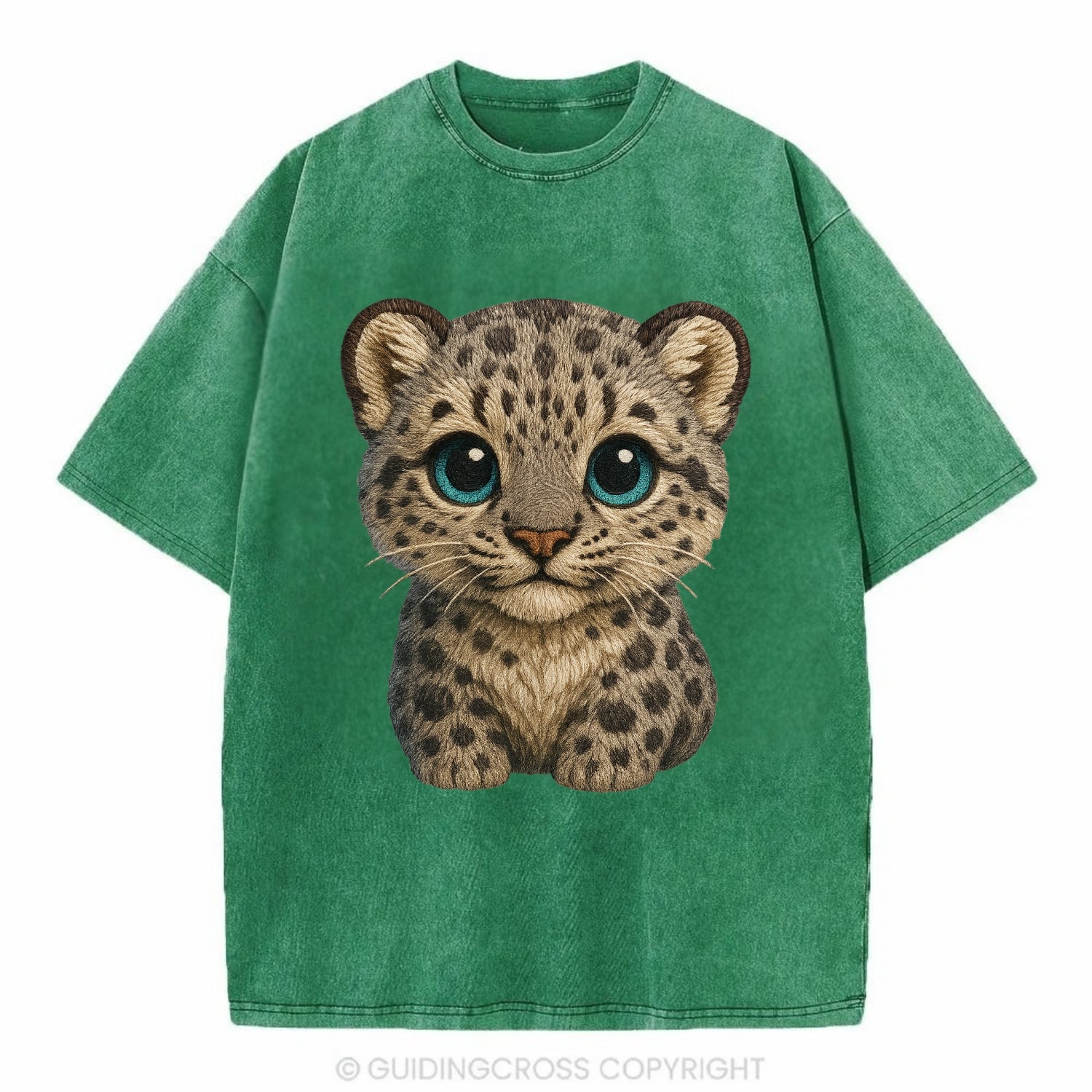 Baby Snow Leopard Cub - gray spotted, thick fur, blue-green eyes, front-facing, - Vintage T-shirt - Forest Mist(Green)