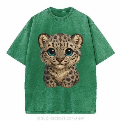 Baby Snow Leopard Cub - gray spotted, thick fur, blue-green eyes, front-facing, - Vintage T-shirt - Forest Mist(Green)