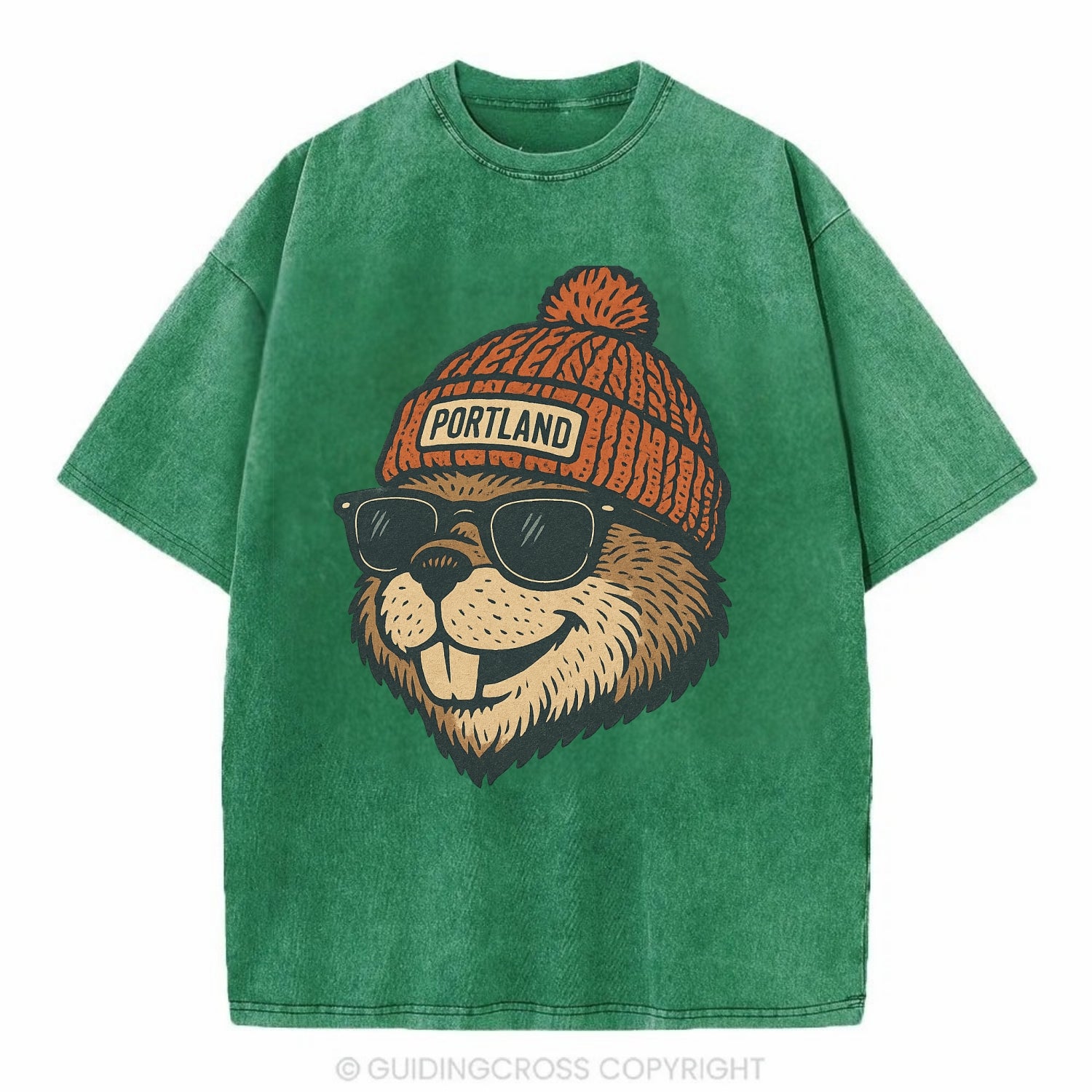 Oregon Beaver wearing Portland beanie with pom pom and wayfarer sunglasses - Vintage T-shirt - Forest Mist(Green)