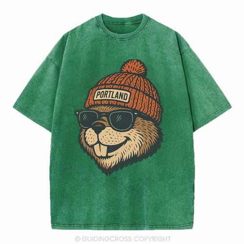 Oregon Beaver wearing Portland beanie with pom pom and wayfarer sunglasses - Vintage T-shirt