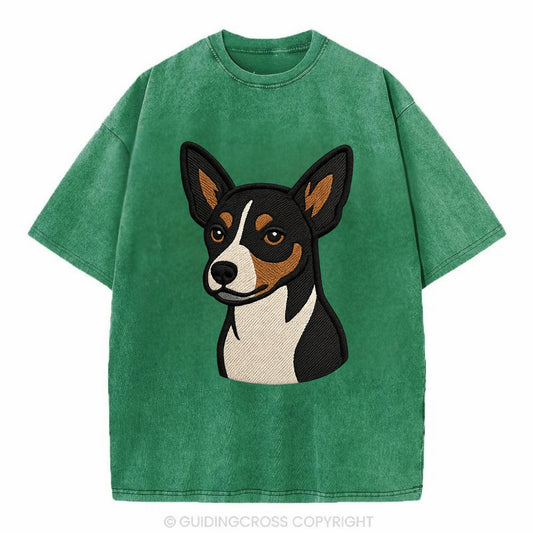 Rat Terrier - Tri-color embroidered pose - Vintage T-shirt - Forest Mist(Green)
