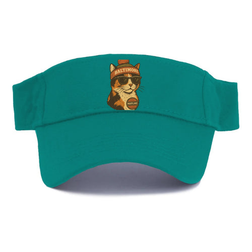 Maryland Calico Cat wearing Baltimore beanie with pom pom and wayfarer sunglasses - Visor