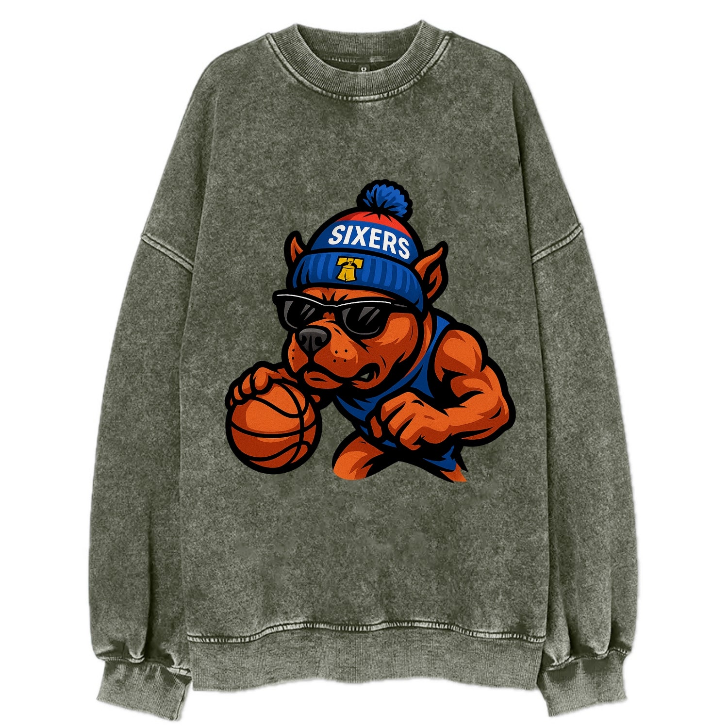 Philly Pitbull wearing Sixers beanie with Liberty Bell and wayfarer sunglasses - Vintage Sweatshirt - Forest Mist(Green)