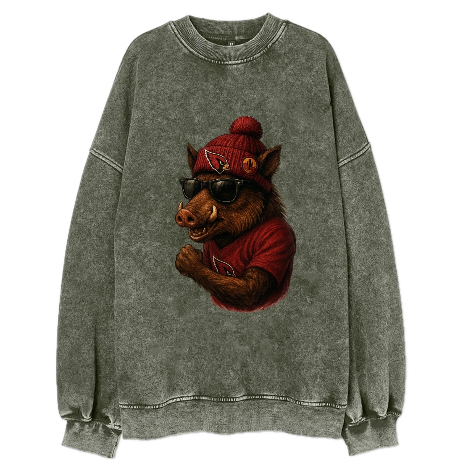 Arizona Javelina wearing Cardinals beanie with desert patch and wayfarer - Vintage Sweatshirt - Forest Mist(Green)