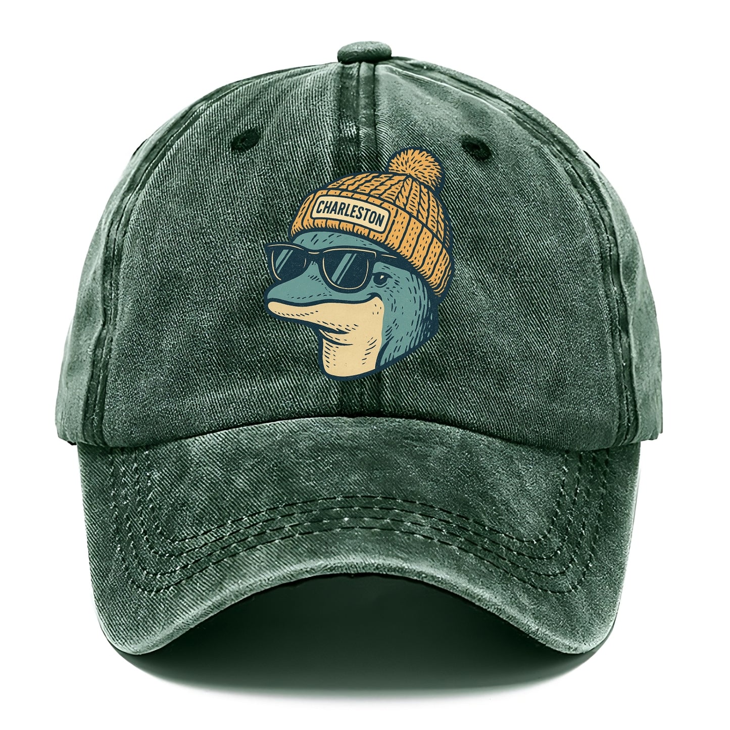 Charleston Dolphin wearing Charleston beanie with pom pom and wayfarer sunglasses - Classic Cap - Forest Mist(Green)