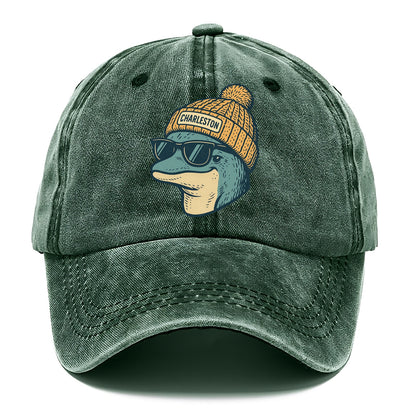 Charleston Dolphin wearing Charleston beanie with pom pom and wayfarer sunglasses - Classic Cap - Forest Mist(Green)