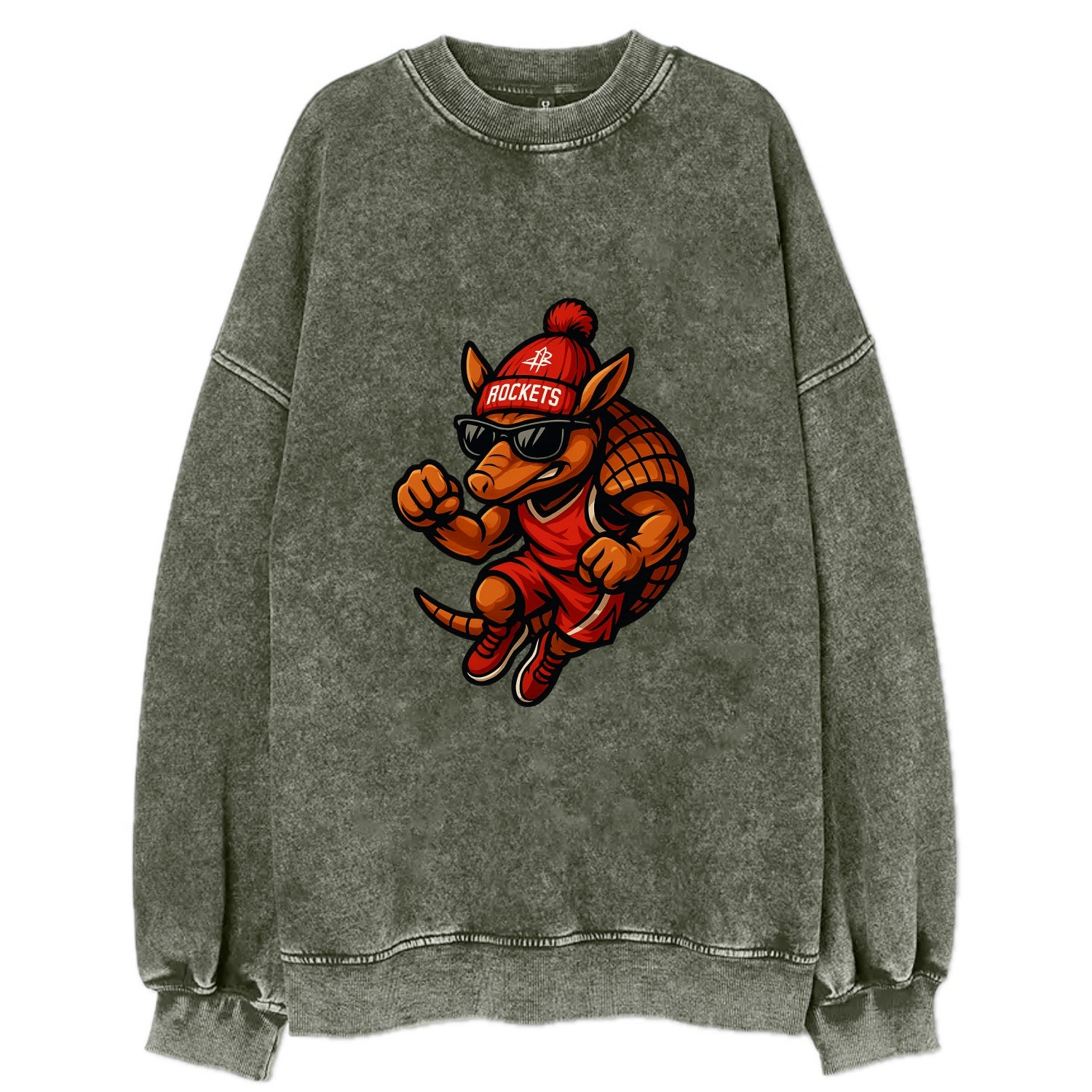 Houston Armadillo wearing Rockets red and silver beanie with rocket ship and - Vintage Sweatshirt - Forest Mist(Green)