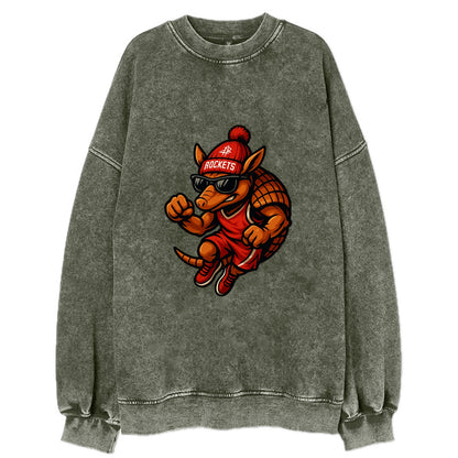 Houston Armadillo wearing Rockets red and silver beanie with rocket ship and - Vintage Sweatshirt - Forest Mist(Green)