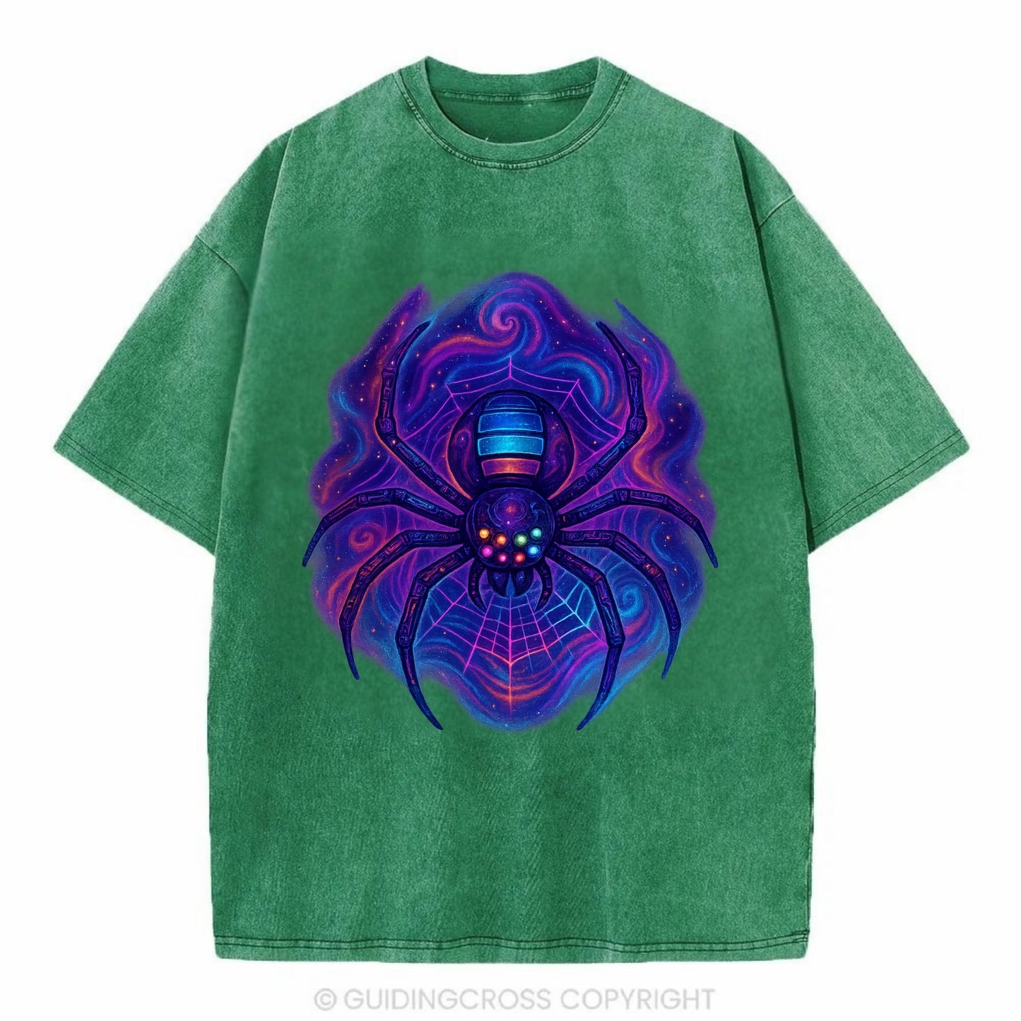 Tech spider with legs showing circuit board patterns, web glowing in neon grid - Vintage T-shirt - Forest Mist(Green)