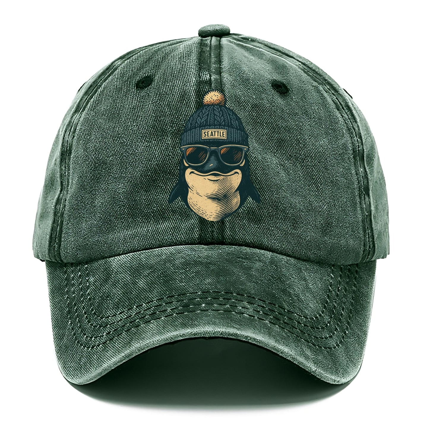 Washington Orca wearing Seattle beanie with pom pom and wayfarer sunglasses - Classic Cap - Forest Mist(Green)