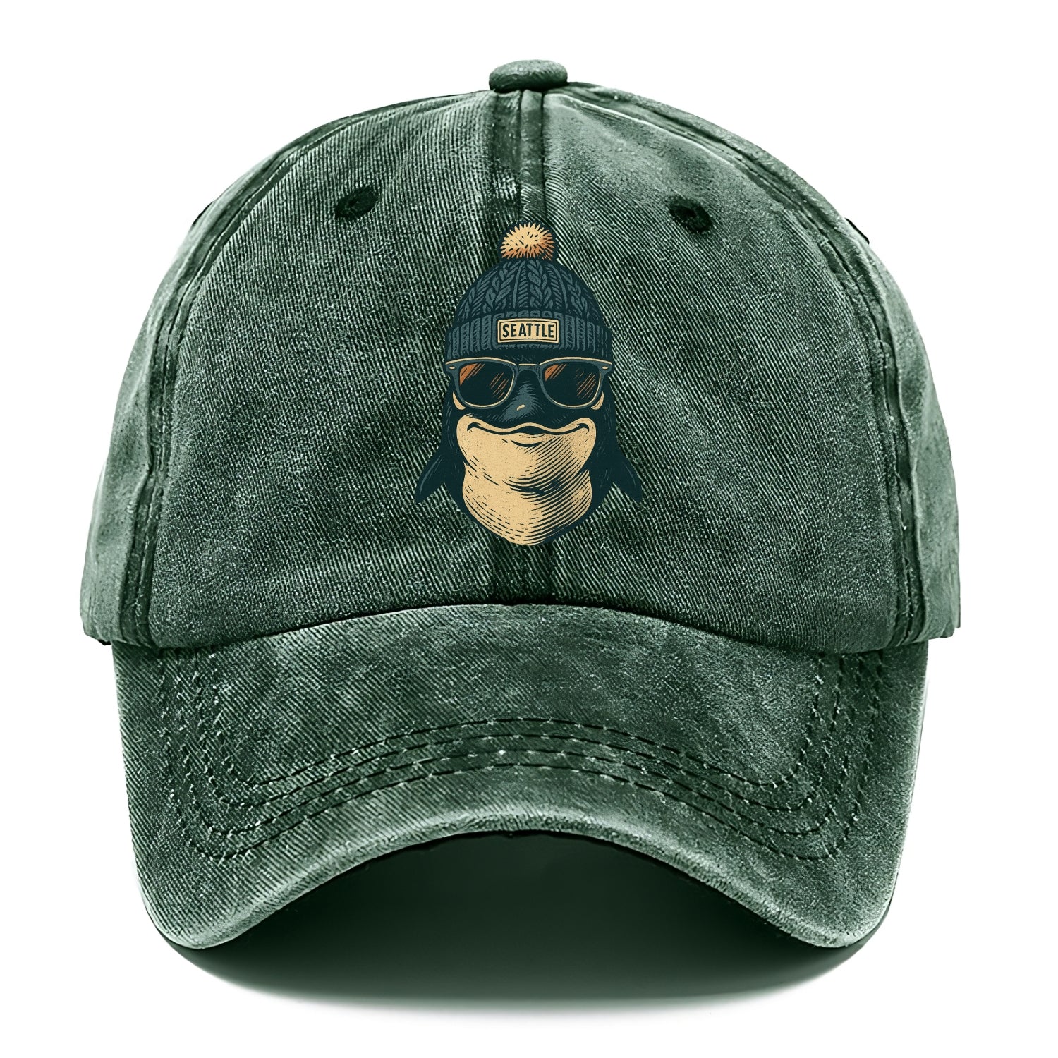 Washington Orca wearing Seattle beanie with pom pom and wayfarer sunglasses - Classic Cap - Forest Mist(Green)