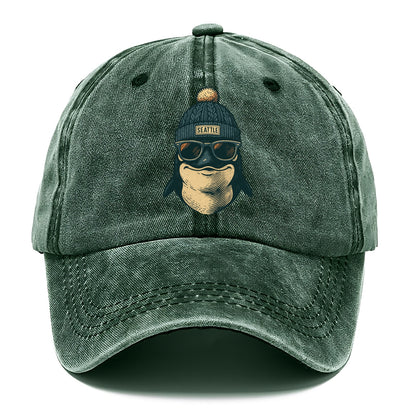 Washington Orca wearing Seattle beanie with pom pom and wayfarer sunglasses - Classic Cap - Forest Mist(Green)