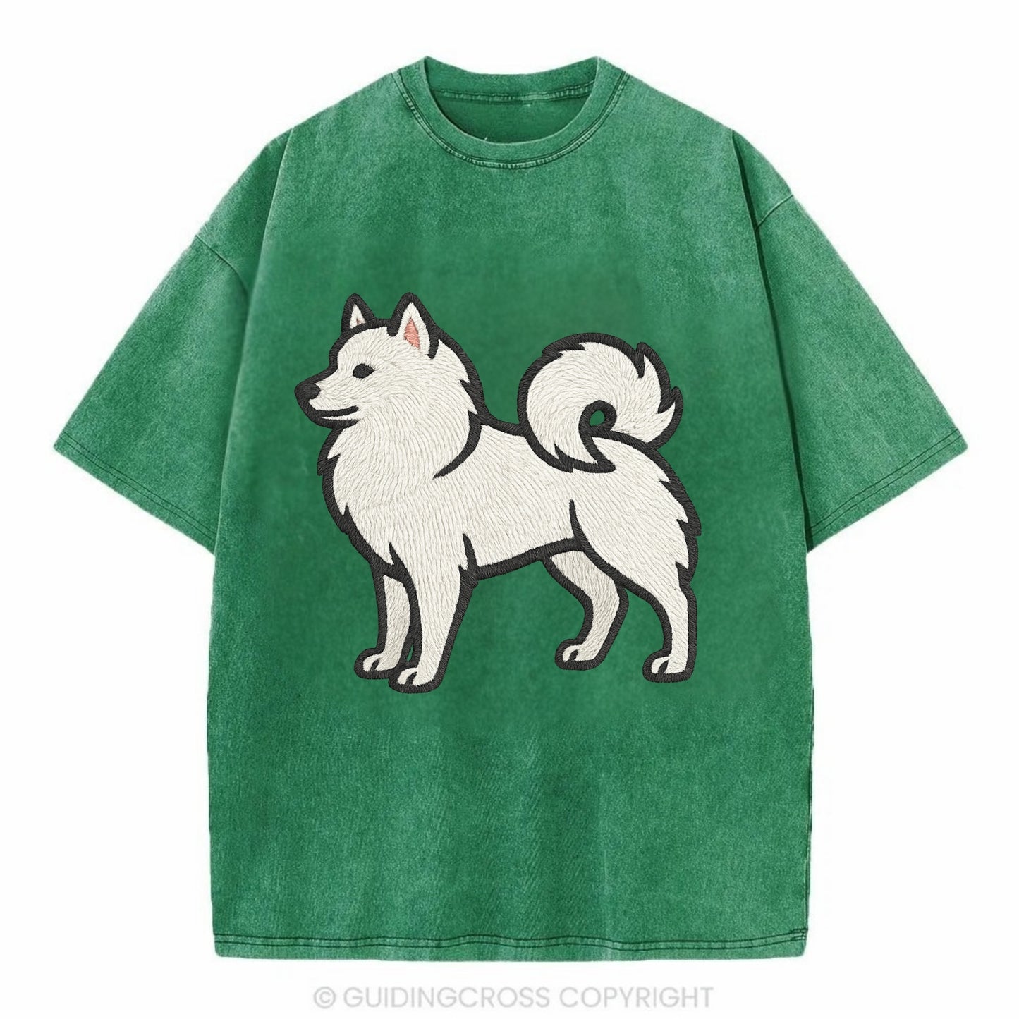 American Eskimo Dog - White spitz embroidered standing design - Vintage T-shirt - Forest Mist(Green)