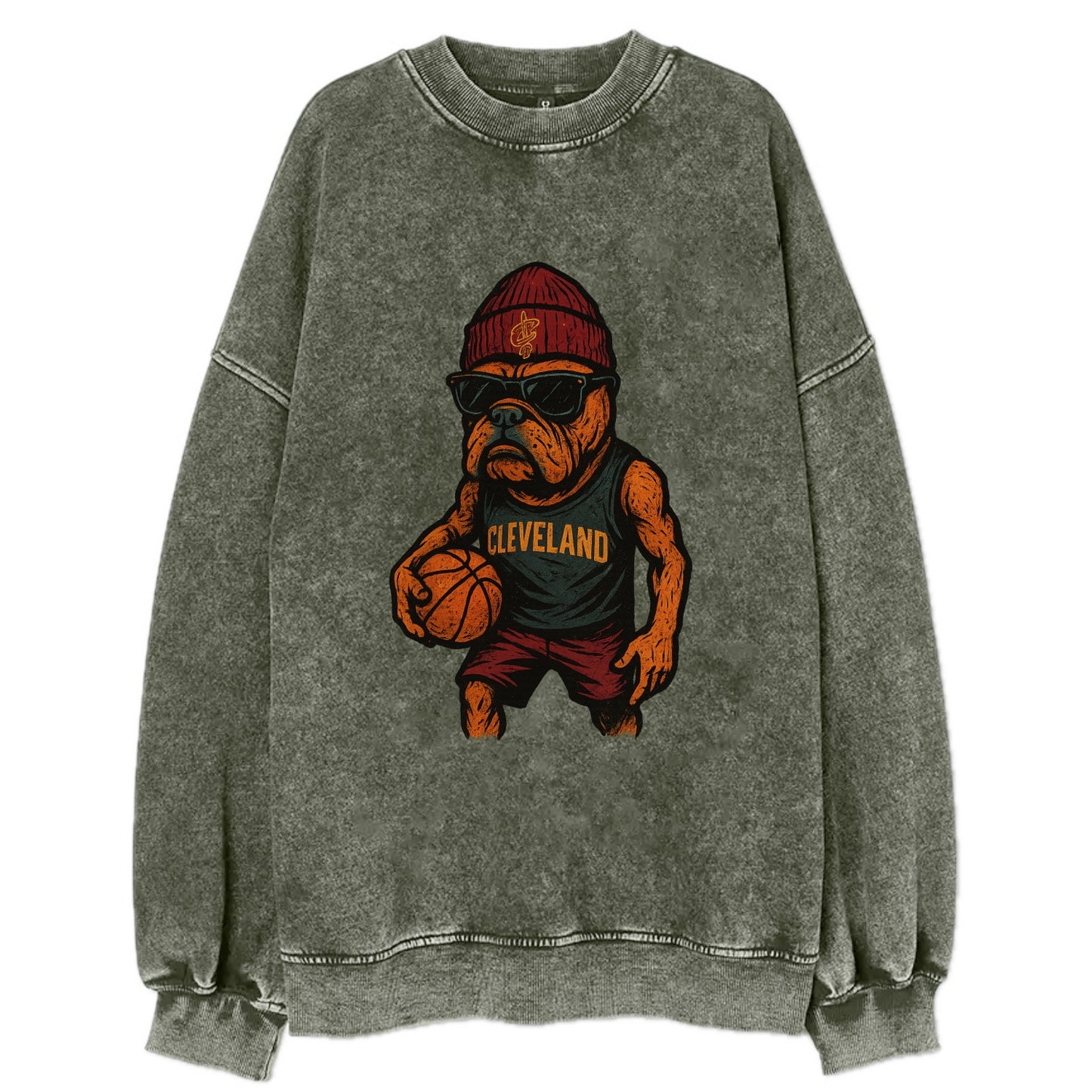 Cleveland Bulldog wearing Cavaliers wine and gold beanie with sword patch and - Vintage Sweatshirt - Forest Mist(Green)
