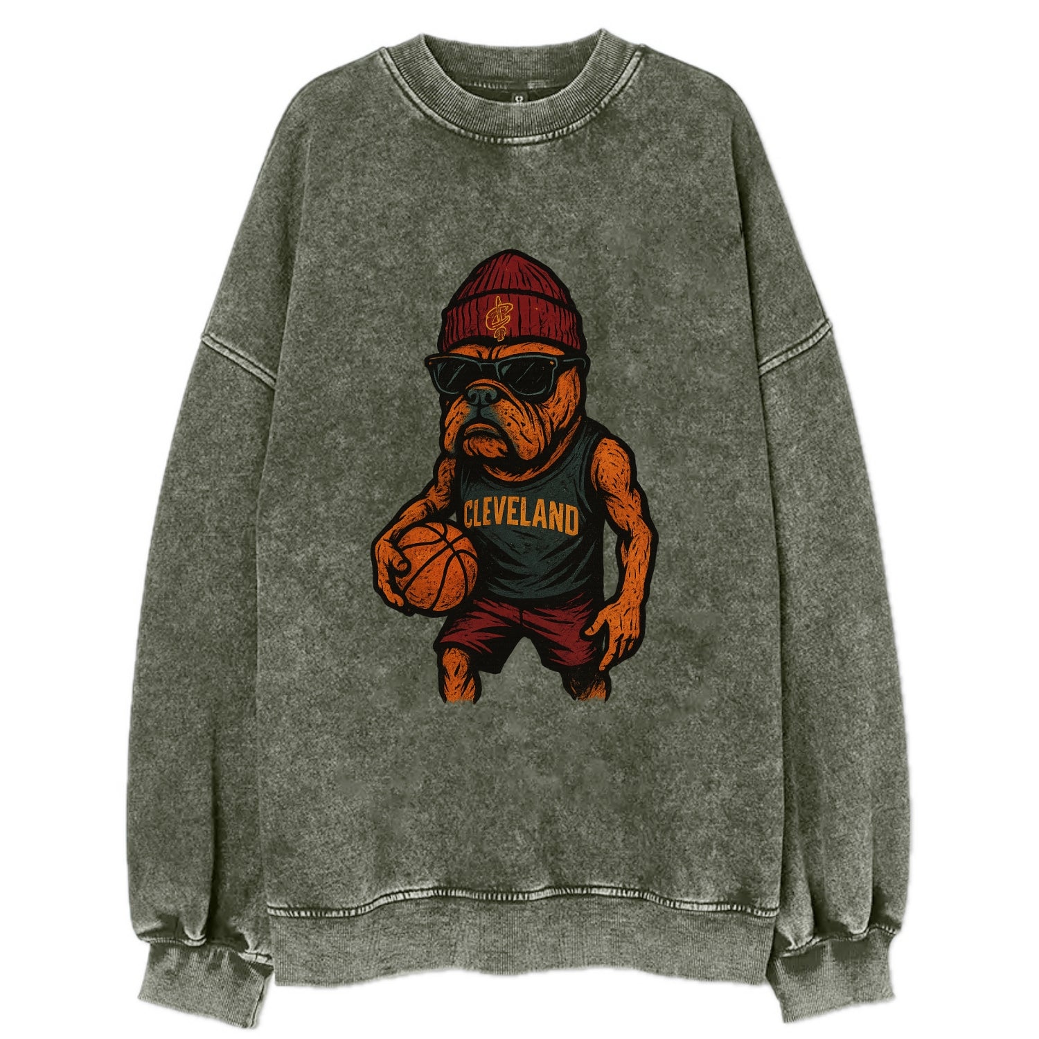 Cleveland Bulldog wearing Cavaliers wine and gold beanie with sword patch and - Vintage Sweatshirt - Forest Mist(Green)