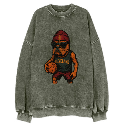 Cleveland Bulldog wearing Cavaliers wine and gold beanie with sword patch and - Vintage Sweatshirt - Forest Mist(Green)