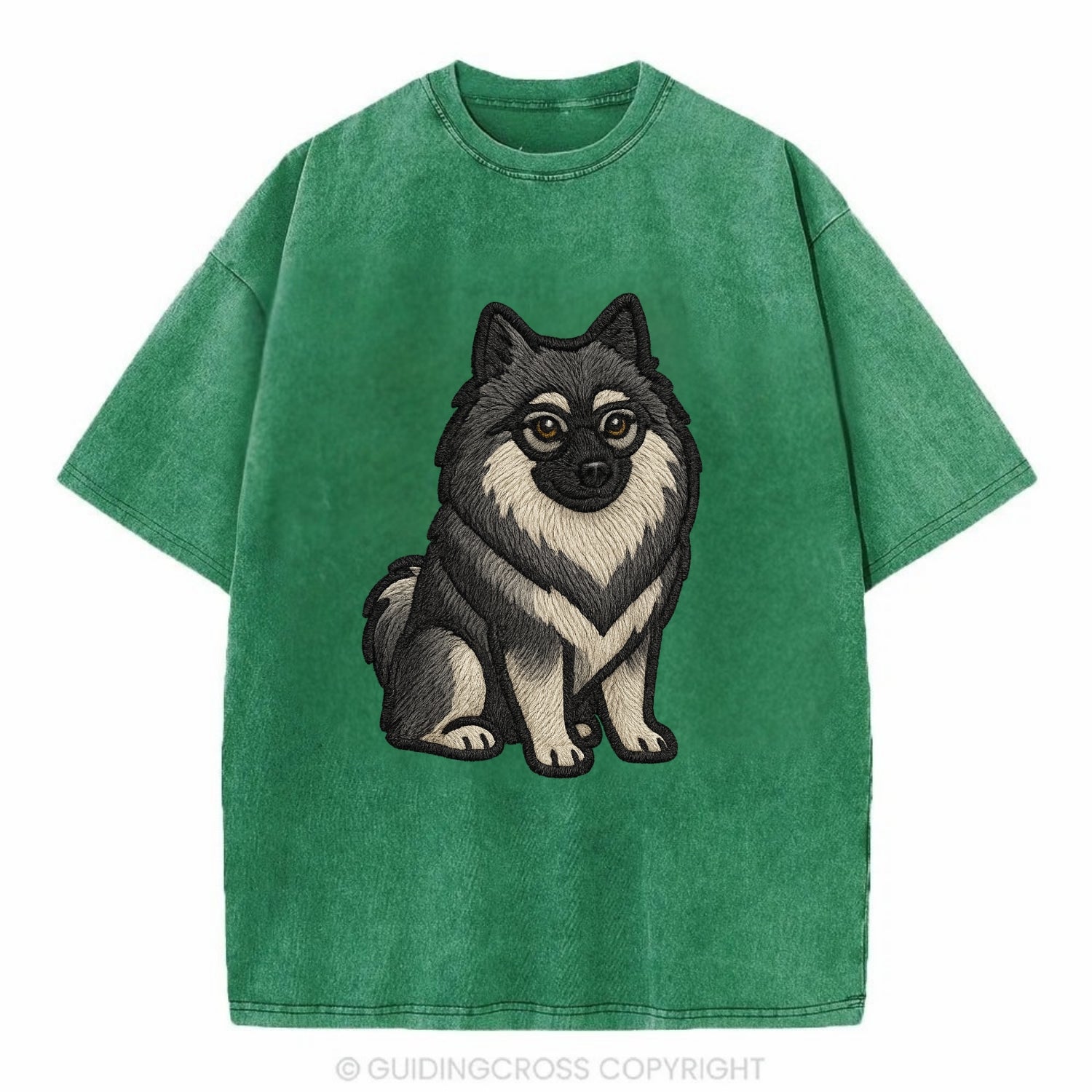 Keeshond - Gray and black spectacles embroidered design - Vintage T-shirt - Forest Mist(Green)