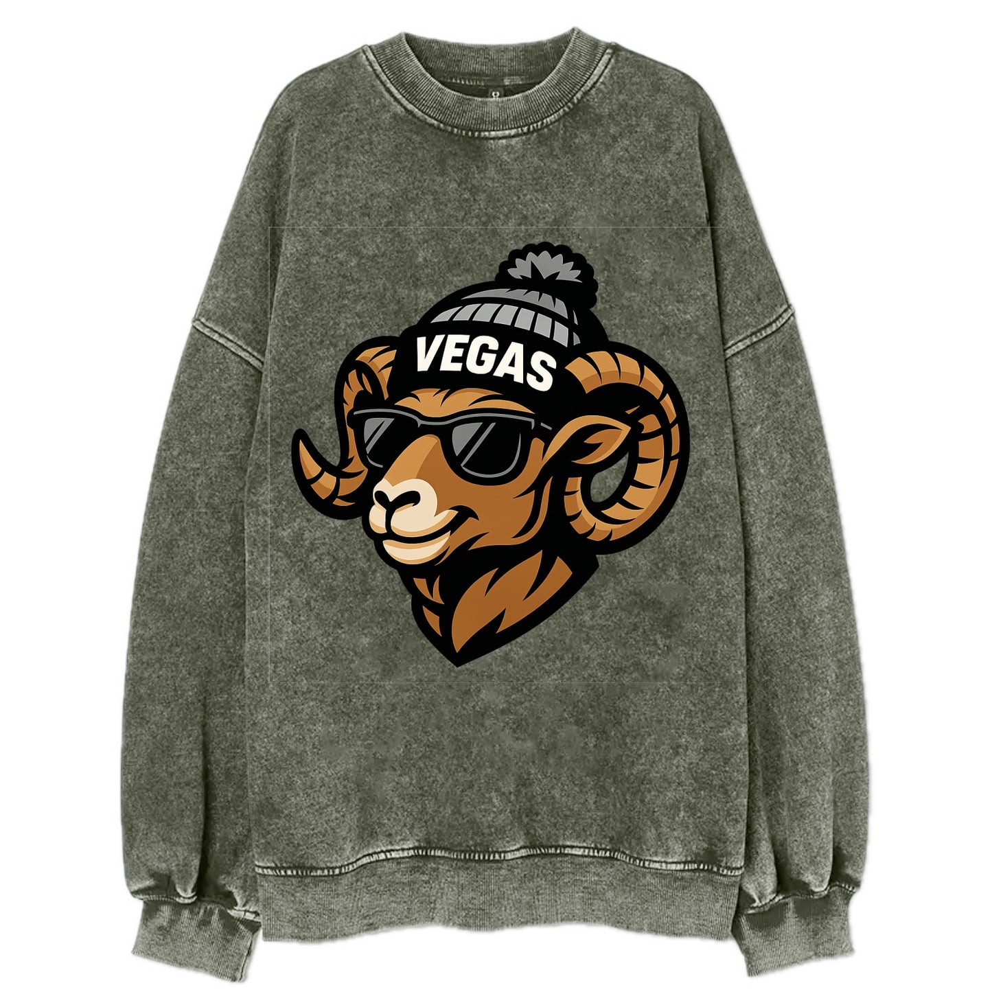 Vegas Desert Bighorn wearing Raiders silver and black beanie with pom pom and - Vintage Sweatshirt - Forest Mist(Green)