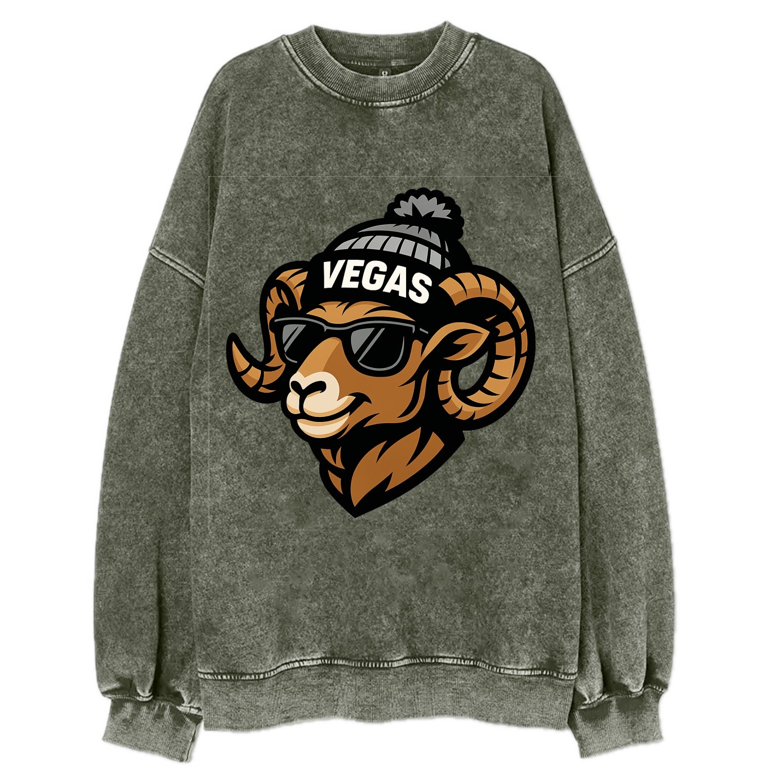 Vegas Desert Bighorn wearing Raiders silver and black beanie with pom pom and - Vintage Sweatshirt - Forest Mist(Green)
