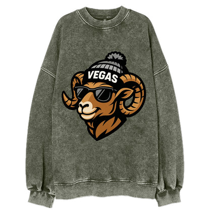 Vegas Desert Bighorn wearing Raiders silver and black beanie with pom pom and - Vintage Sweatshirt - Forest Mist(Green)