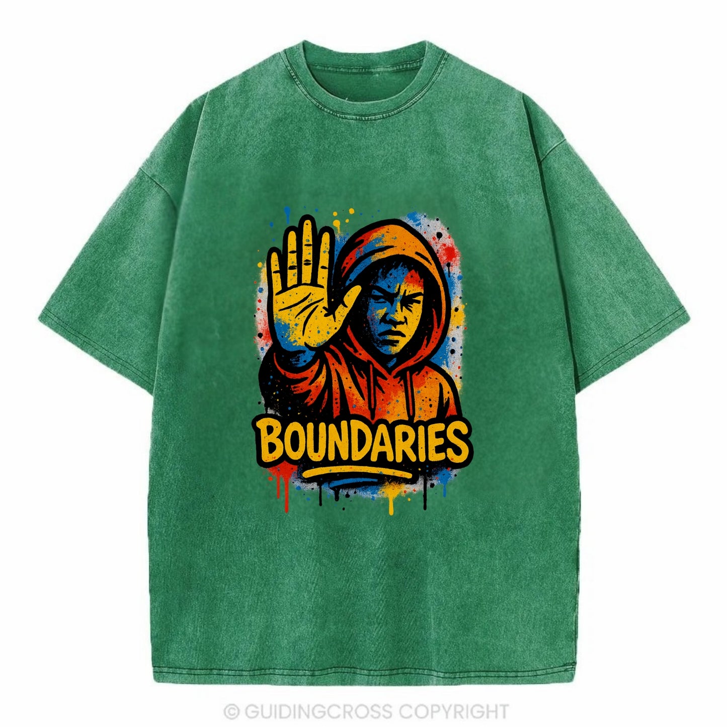 Person holding up hand in "stop" gesture - setting boundaries concept, - Vintage T-shirt - Forest Mist(Green)