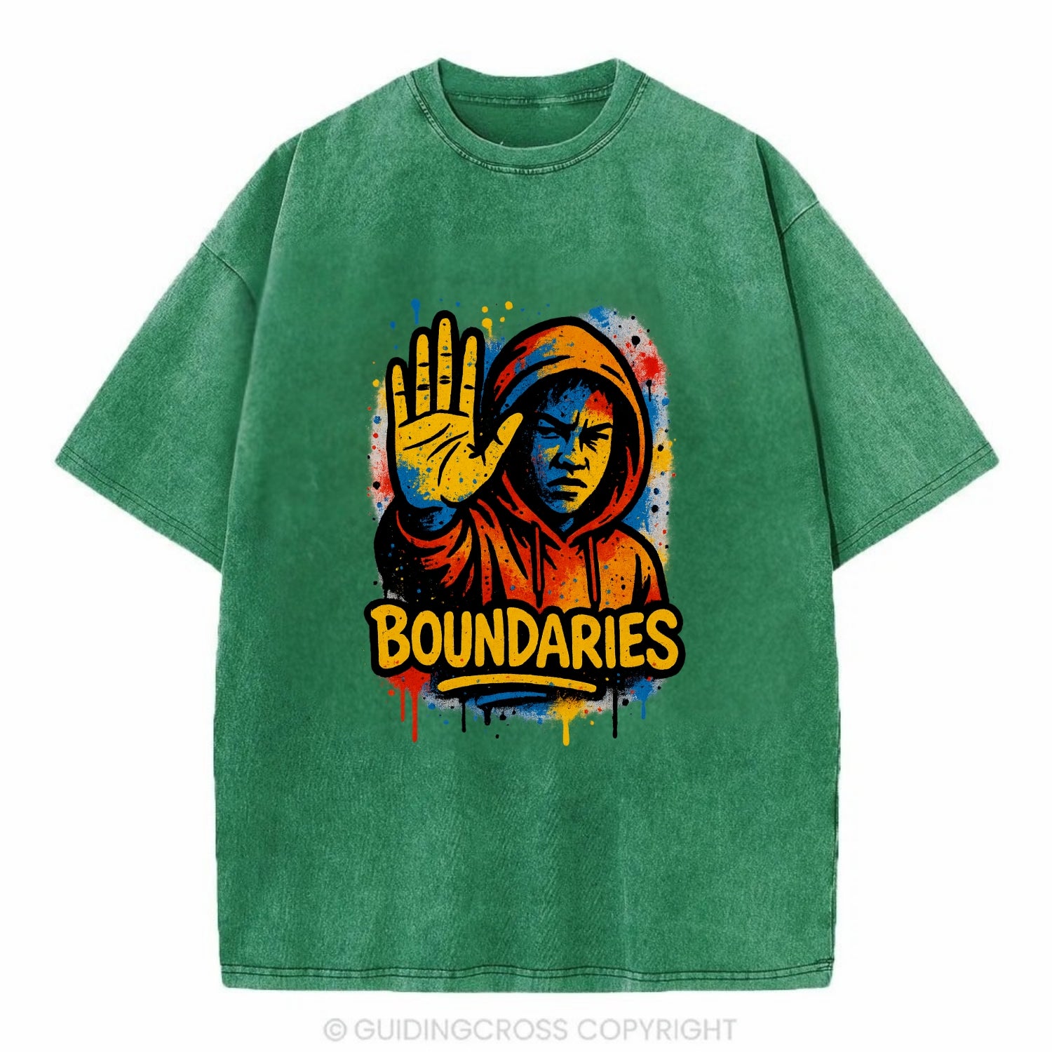 Person holding up hand in "stop" gesture - setting boundaries concept, - Vintage T-shirt - Forest Mist(Green)