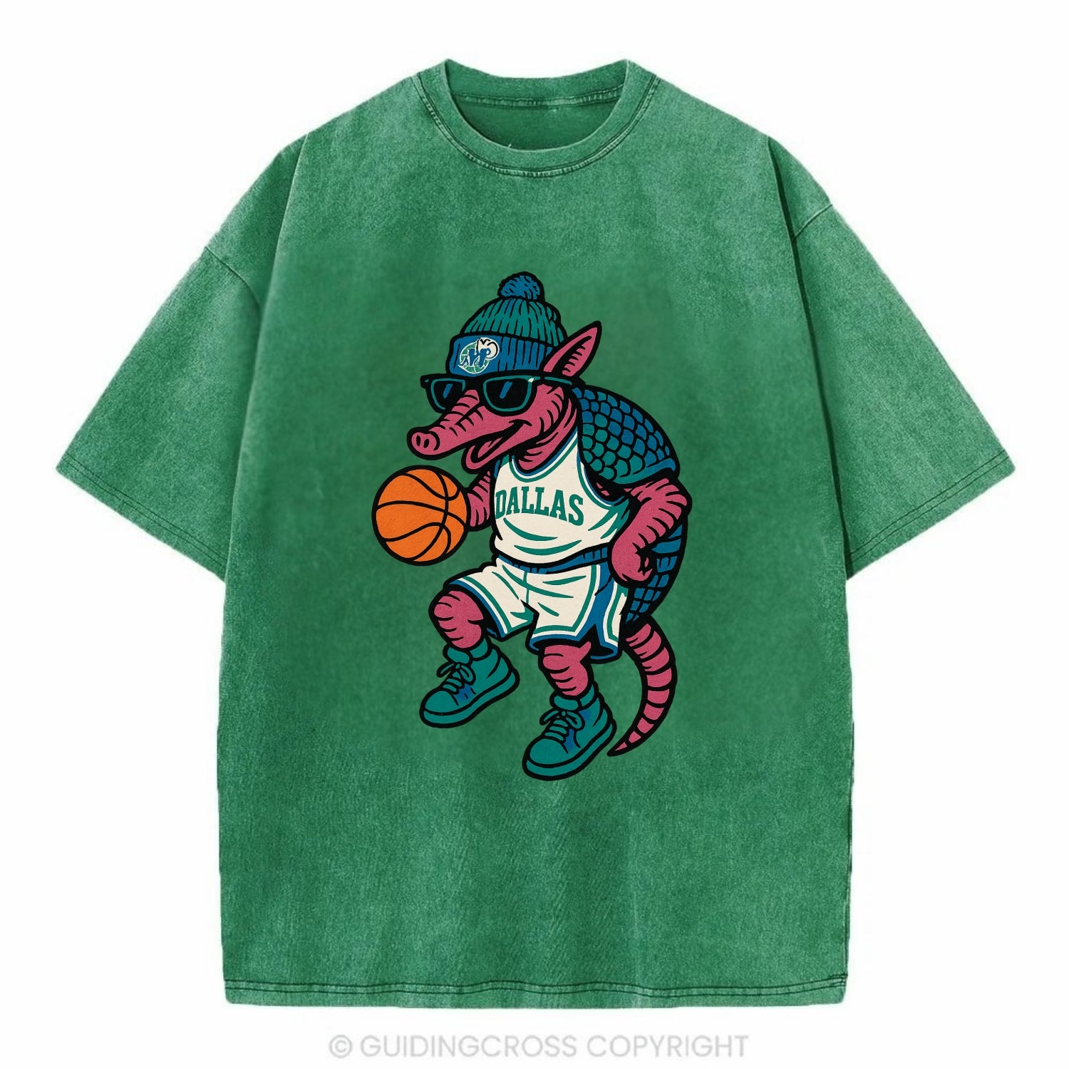 Dallas Armadillo wearing Mavericks beanie with cowboy hat patch and wayfarer - Vintage T-shirt - Forest Mist(Green)
