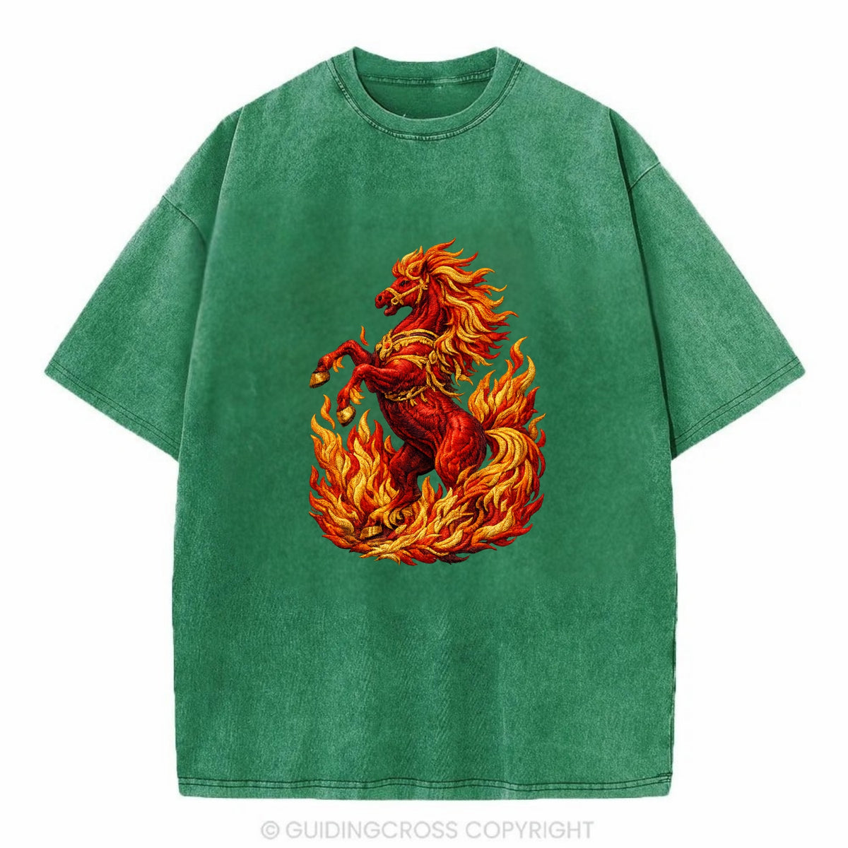 VICTORY BLAZE | Triumphant rearing horse in flames | Achievement celebration | - Vintage T-shirt - Forest Mist(Green)