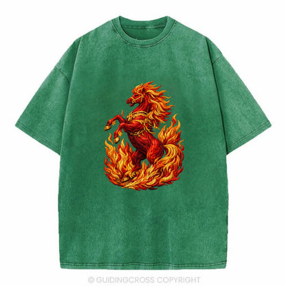 VICTORY BLAZE | Triumphant rearing horse in flames | Achievement celebration | - Vintage T-shirt - Forest Mist(Green)