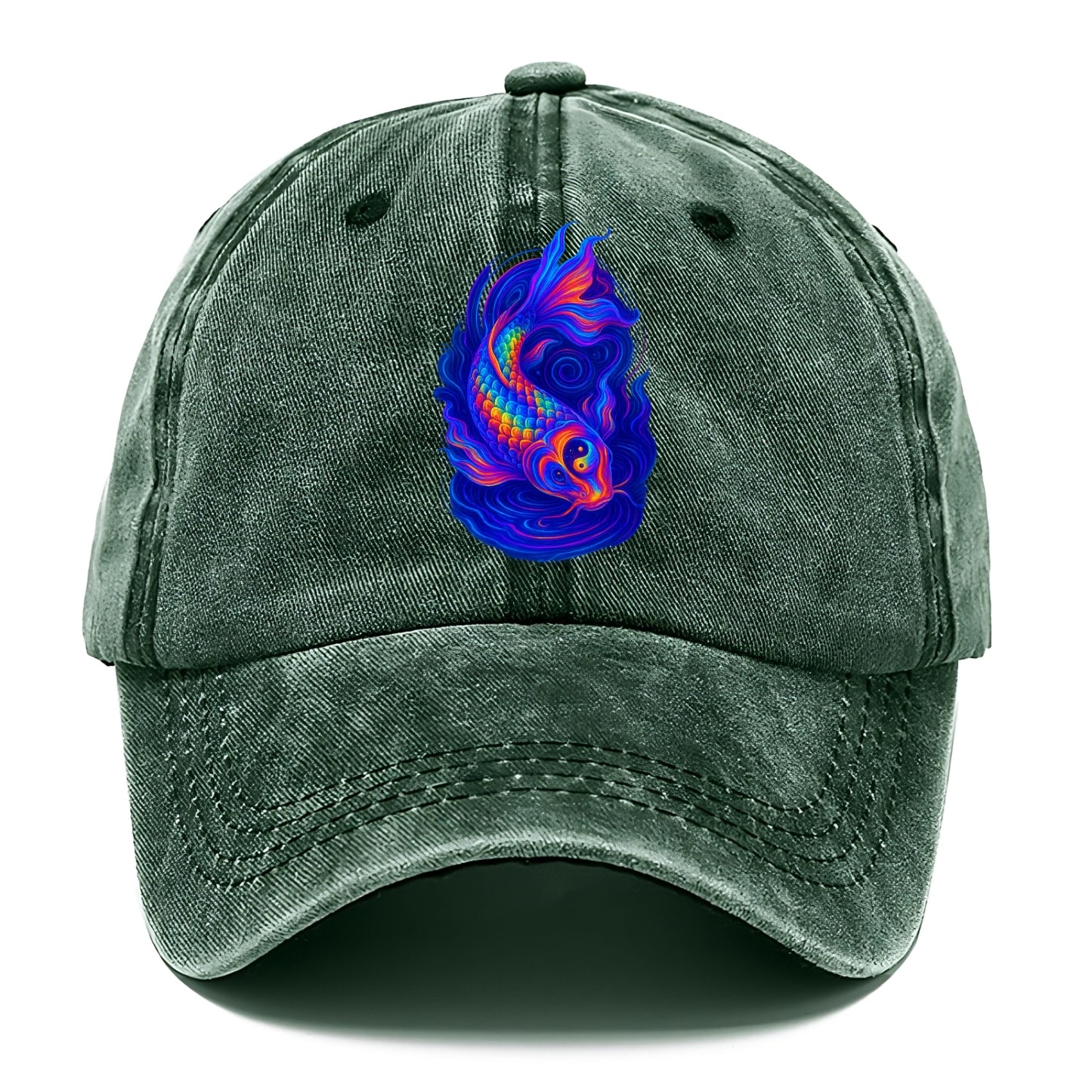 Sacred koi with scales reflecting rainbow prisms, yin-yang patterns in cosmic colors, - Classic Cap - Forest Mist(Green)