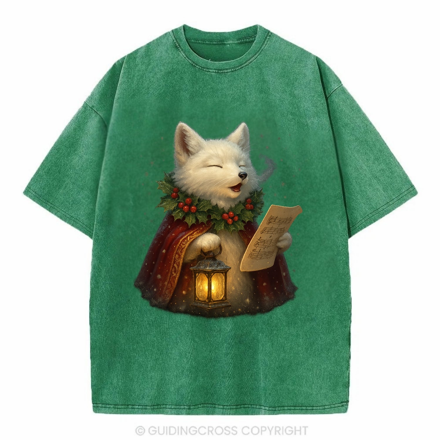 Snowbound Arctic Fox Caroler  - Vintage T-shirt - Forest Mist(Green)