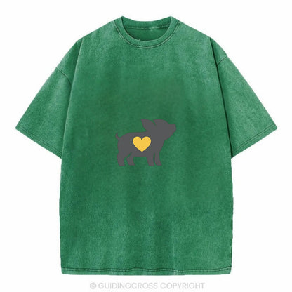 SMALL BUT BRAVE | Tiny piglet silhouette | Big heart within | Courage despite - Vintage T-shirt - Forest Mist(Green)