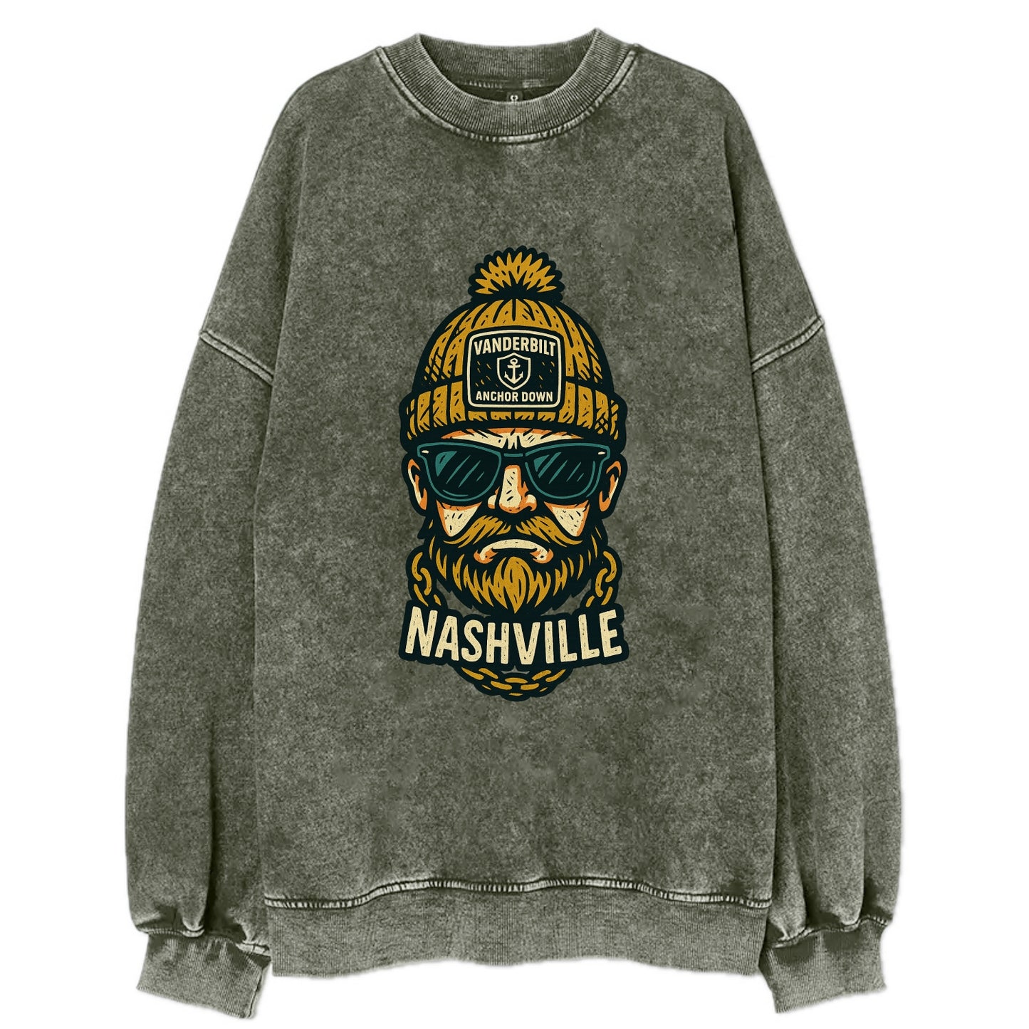 Nashville Commodore wearing Vanderbilt beanie with anchor patch - Vintage Sweatshirt - Forest Mist(Green)