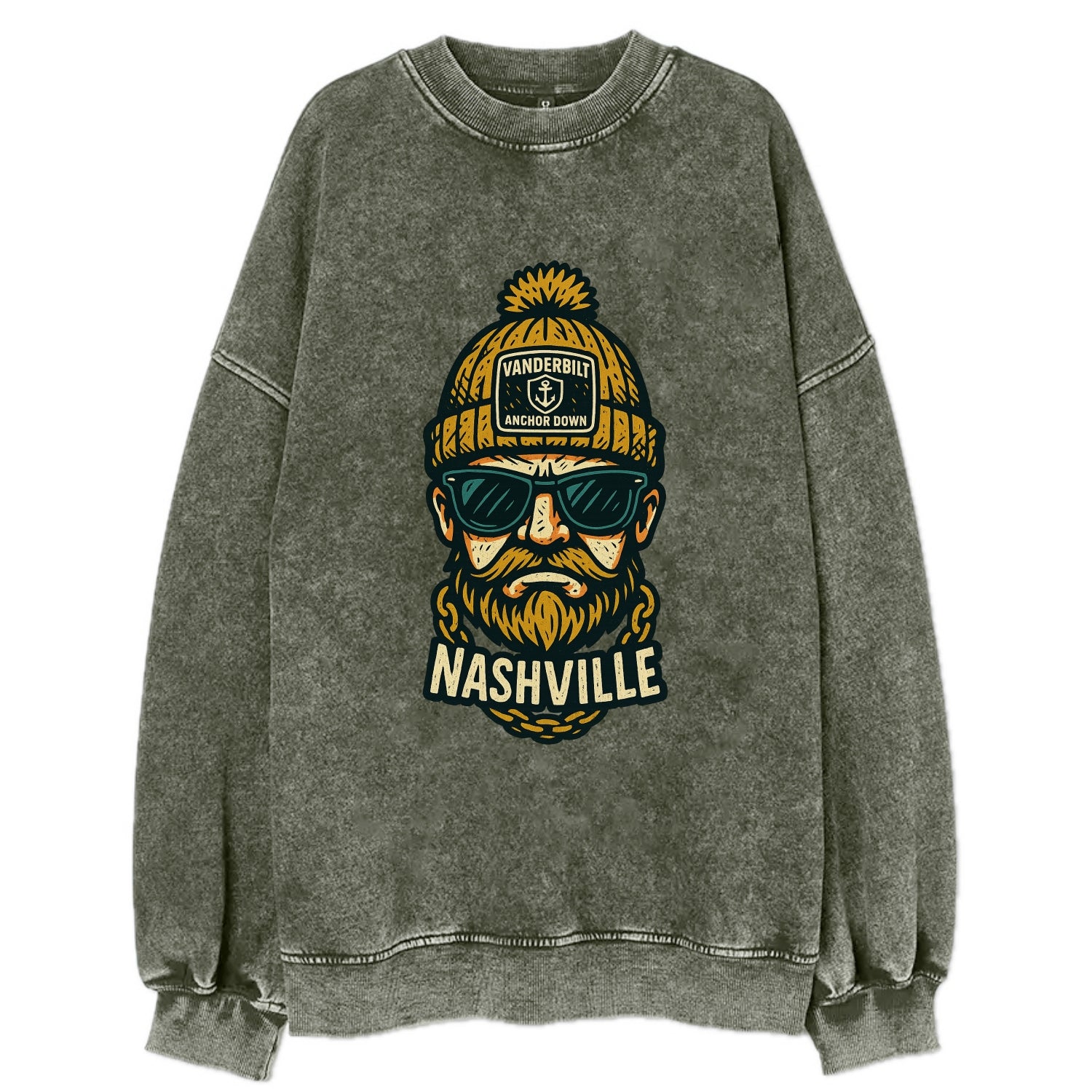 Nashville Commodore wearing Vanderbilt beanie with anchor patch - Vintage Sweatshirt - Forest Mist(Green)