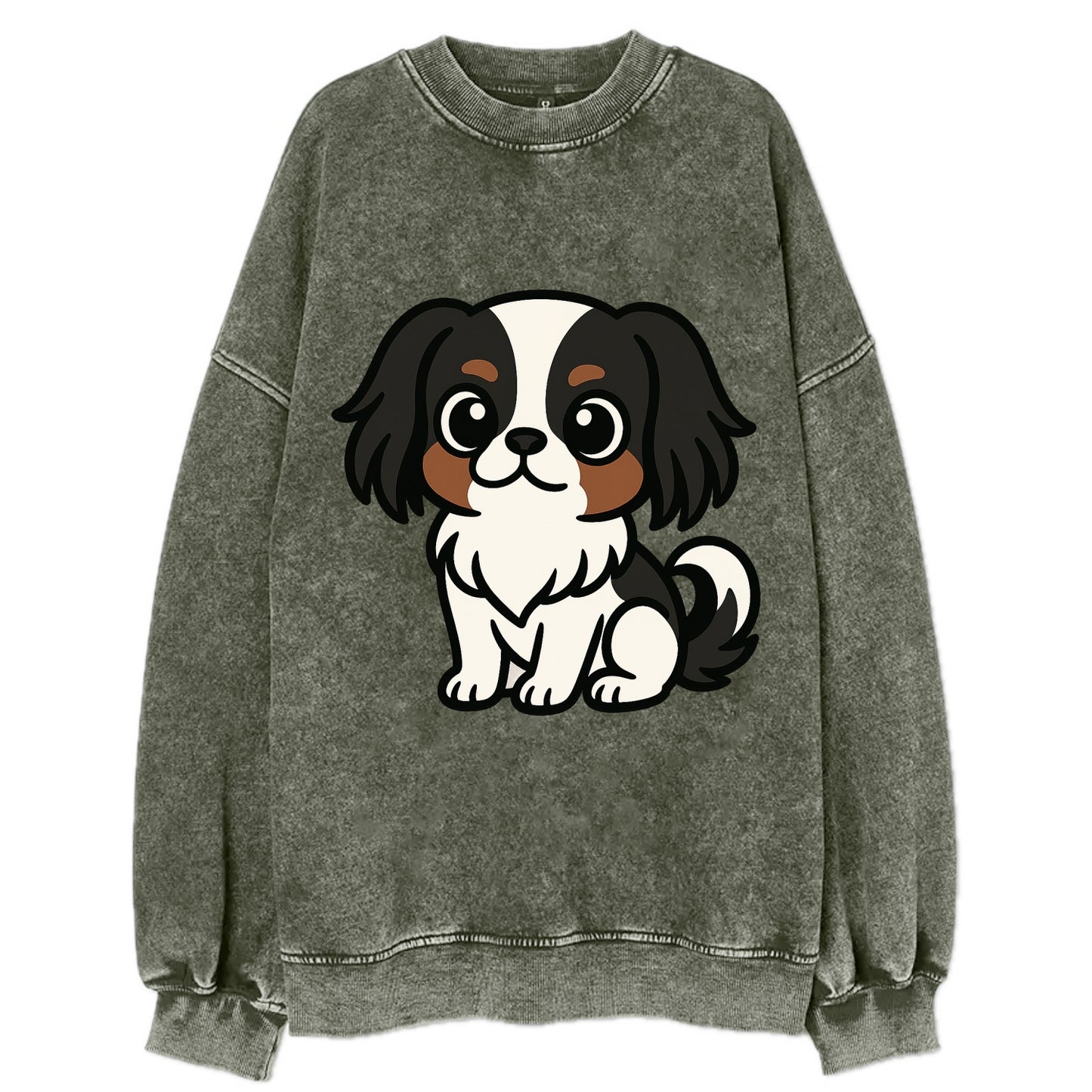 Japanese Chin - Black and white sitting pose - Vintage Sweatshirt - Forest Mist(Green)
