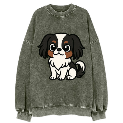 Japanese Chin - Black and white sitting pose - Vintage Sweatshirt - Forest Mist(Green)